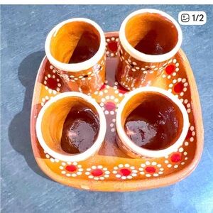Handcrafted Brown Ceramic Cup Set with Tray